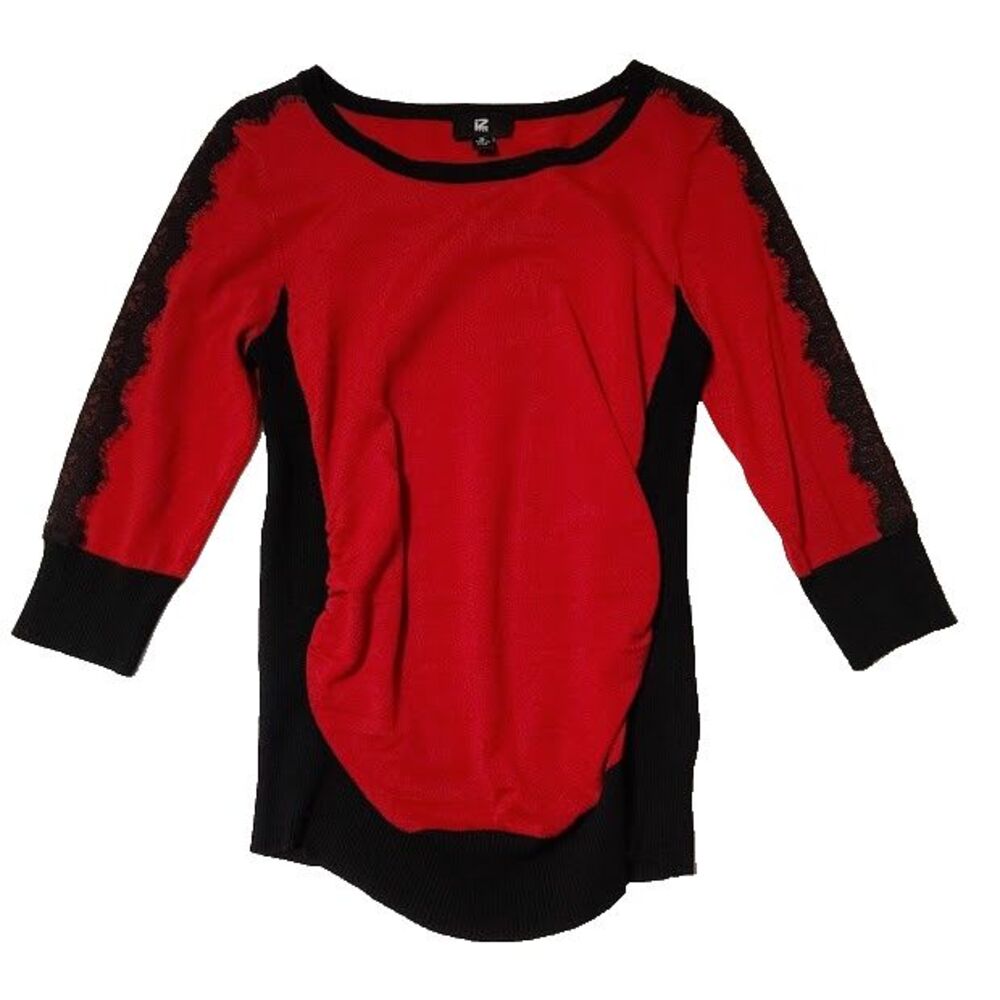 IZ Byer Red Black Lace Top XL 36 Women's Unstretched Short Sleeve
